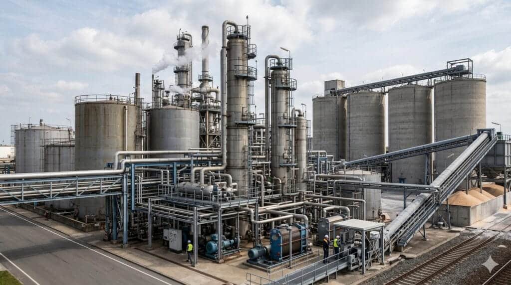 Industrial chemical manufacturing plant representing the Basic Materials equity research sector on lf0