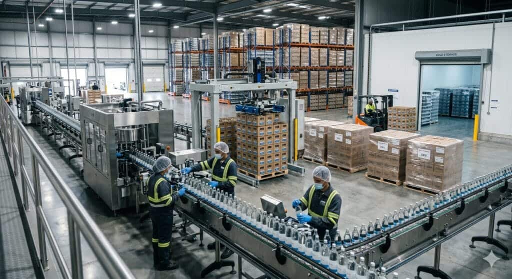Beverage bottling production line representing the Consumer Defensive equity research sector on lf0