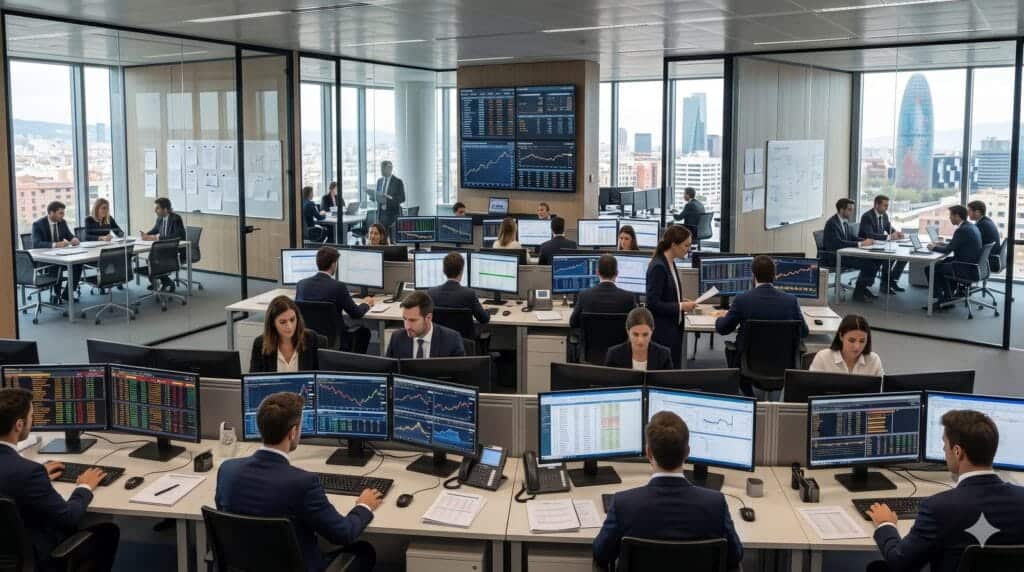 Financial trading floor representing the Financial Services equity research sector on lf0