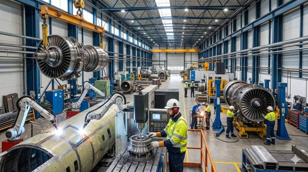 Aerospace manufacturing facility representing the Industrials equity research sector on lf0