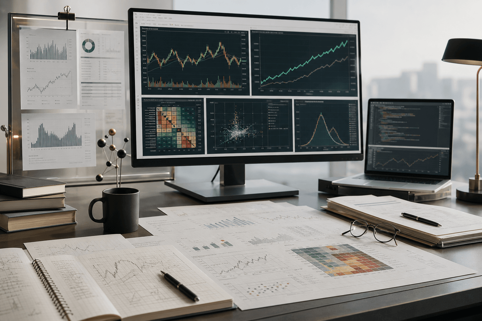 LF0 quantitative research desk with market dashboards and research notes