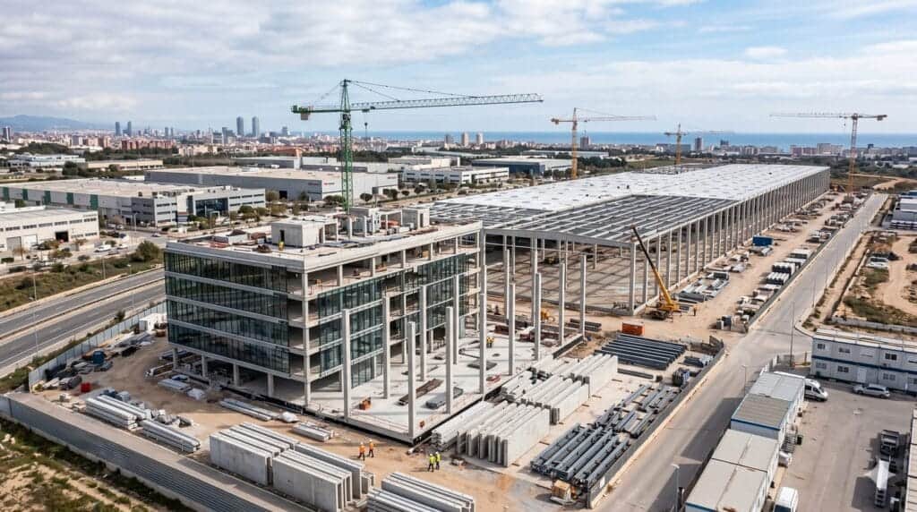 Aerial view of a commercial real estate construction site representing the Real Estate equity research sector on lf0