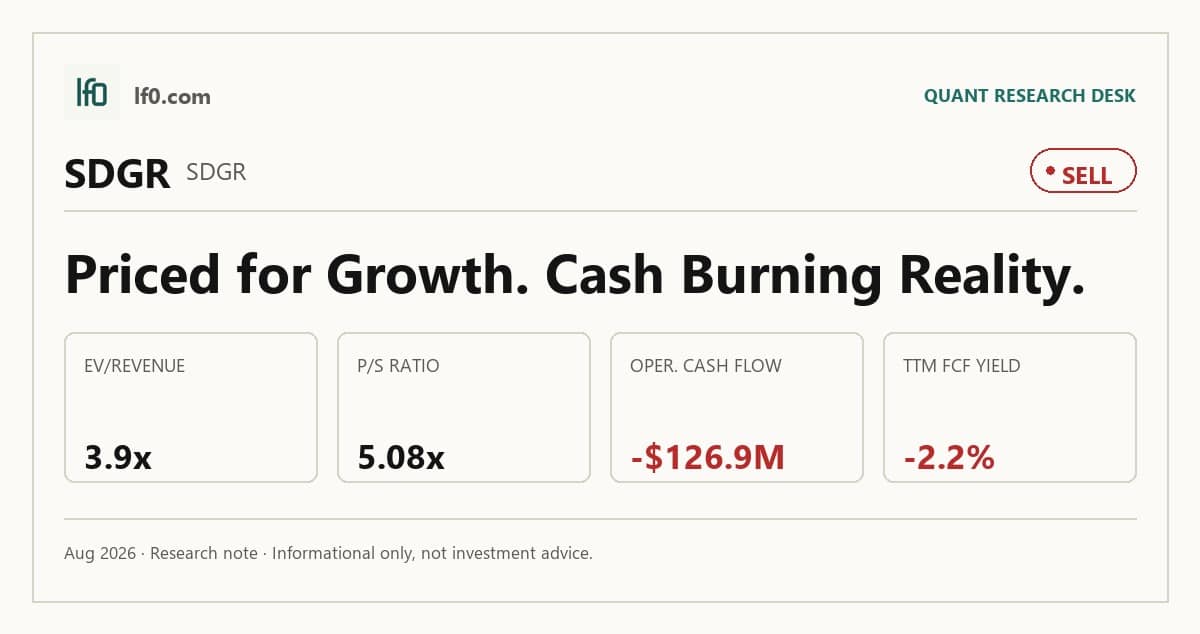 Schrödinger (SDGR) stock analysis infographic — Sell rating and key metrics