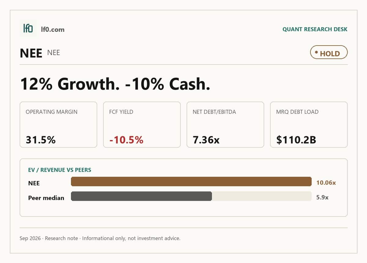 NextEra Energy (NEE) stock analysis infographic — Hold rating and key metrics