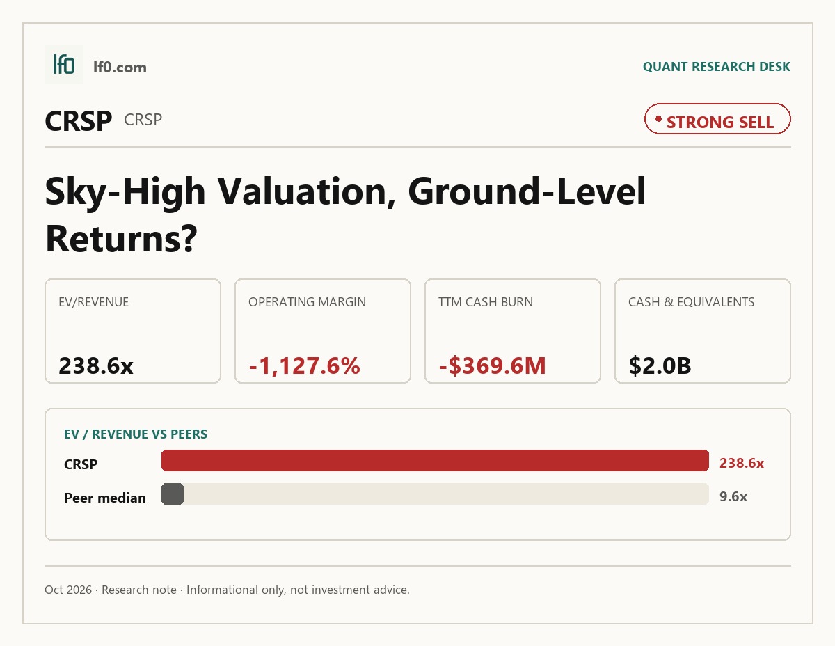 CRISPR Therapeutics (CRSP) stock analysis infographic — Strong Sell rating and key metrics