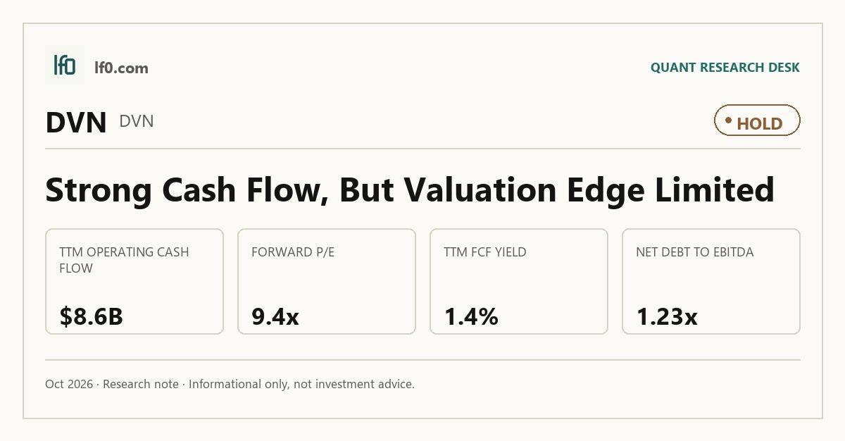 Devon Energy (DVN) stock analysis infographic — Hold rating and key metrics
