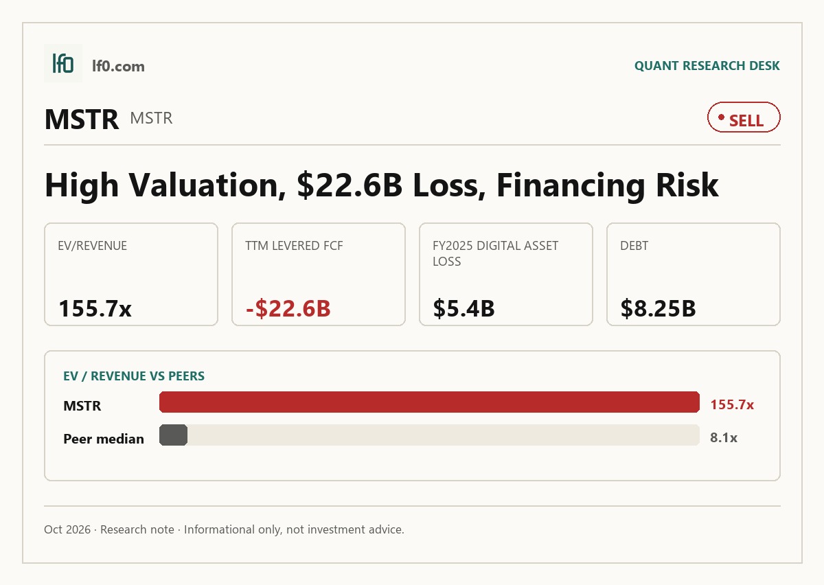 Strategy (MSTR) stock analysis infographic — Sell rating and key metrics