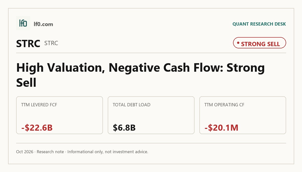 Strategy (STRC) stock analysis infographic — Strong Sell rating and key metrics